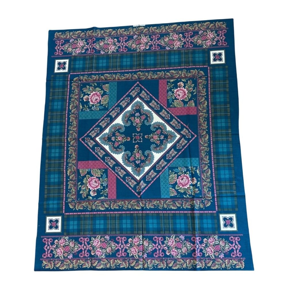 Cheater Quilt Top Blue Floral Patchwork Panel 34 X 44" Plaid Springs Industries